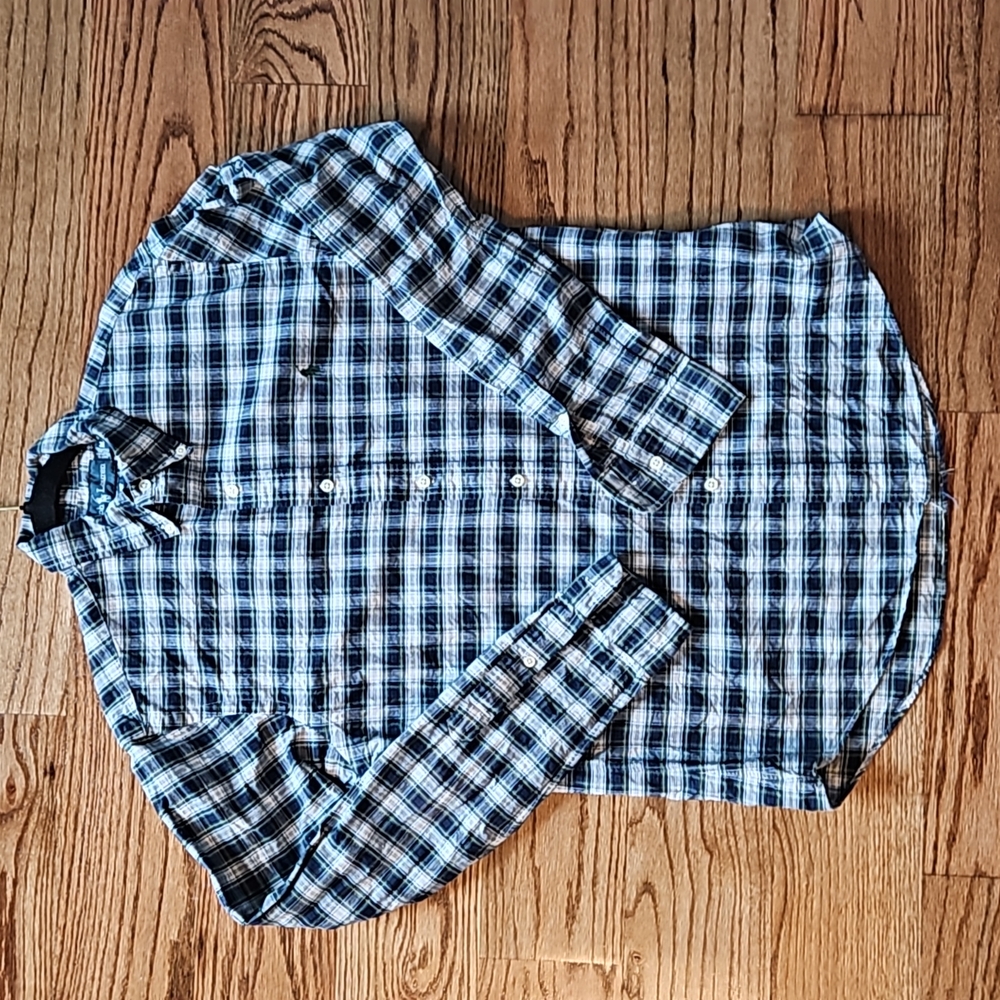 RALPH LAUREN Long Sleeve Button Down, Green White Navy Plaid, Size Medium
